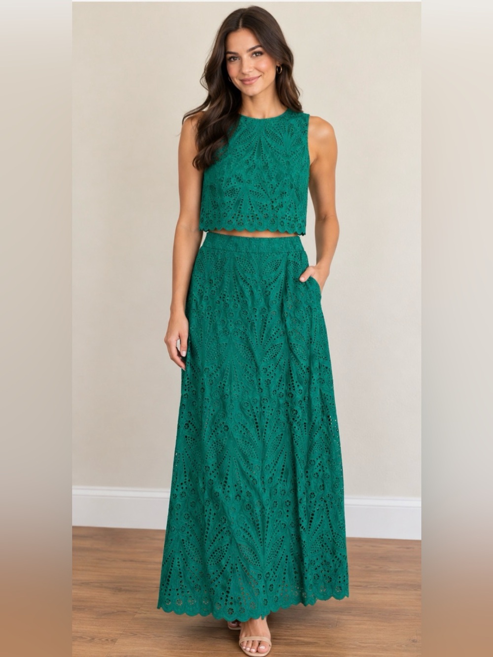 Commense Emerald Eyelet Maxi Skirt Set